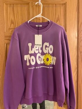 Madhappy Purple Crewneck with White Text and Yellow Daisy
